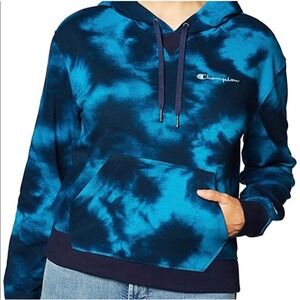 Champion Powerblend Blue Tie Dye Hoodie Womens Pullover Sweatshirt Navy Logo